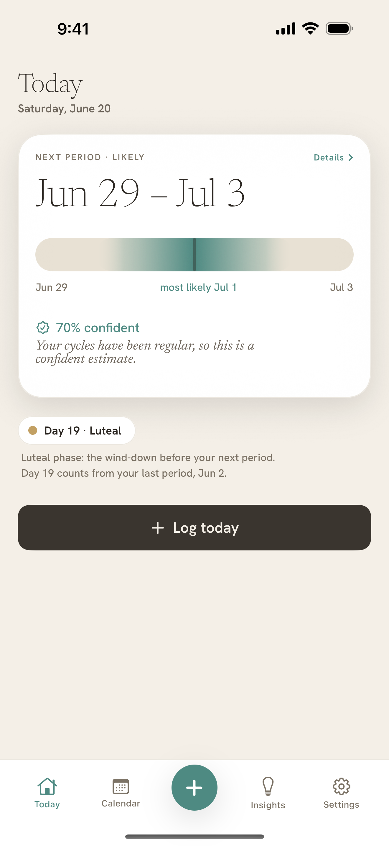 Ebb Today screen: the next period predicted as a date range with a confidence level